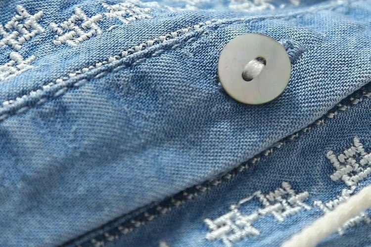 Ethnische Stickerei Denim Kleider für Frauen, Handgelenk Hülse O-ansatz Casual Hemd Kleid für den Frühling