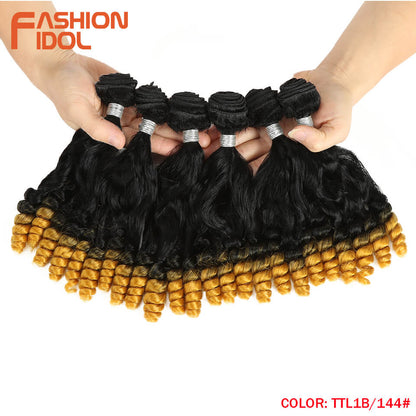FASHION IDOL Afro Kinky Curly Hair Bundles 14 Zoll 7Stück/Los, Obere Gerade Untere Biegung Synthetische Haarspitze Mit Verschluss Faser
