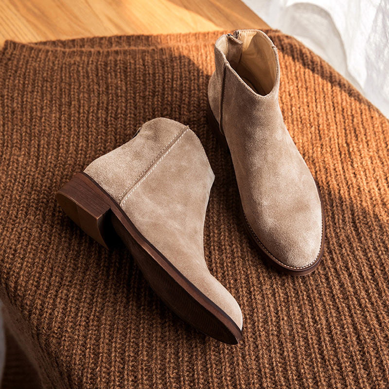 BeauToday Stiefeletten Damen Top Qualität Kuh Wildleder Reißverschluss, Herbst Mode Dame, Echtes Lederschuhe, Handarbeit