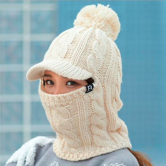 Warmer Hals Strickmütze Pelz Pompoms, Maske Wintermütze für Damen, Wolle Strickmütze