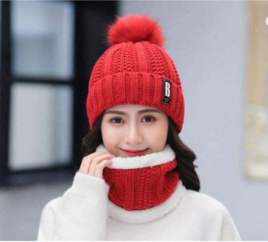 Winter Outdoor Winddicht Wollstrickmütze  für Frauen, Winddichte Bommelmütze mit Schlauchschal