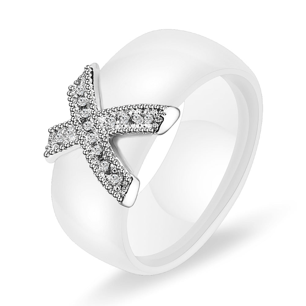 6mm Weiß Schwarz Keramik Ringe Plus Cubic Zirkonia für Frauen, Gold Farbe Edelstahl, Frauen Hochzeit Ring Verlobungsschmuck