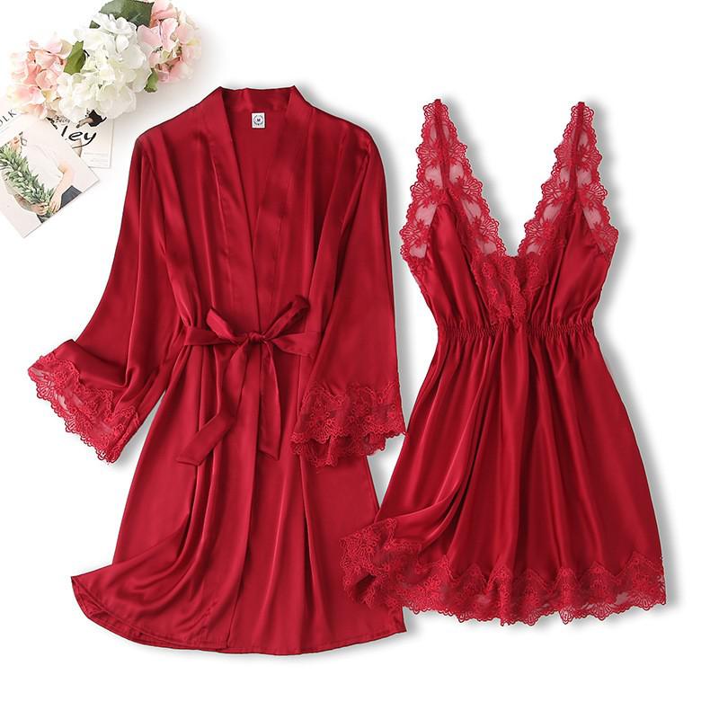 Spitzenbesatz Sexy Hochzeitsdame  Robe -Anzug, Kimono Bademantel Kleid für Mini Nachtwäsche & Intime Dessous