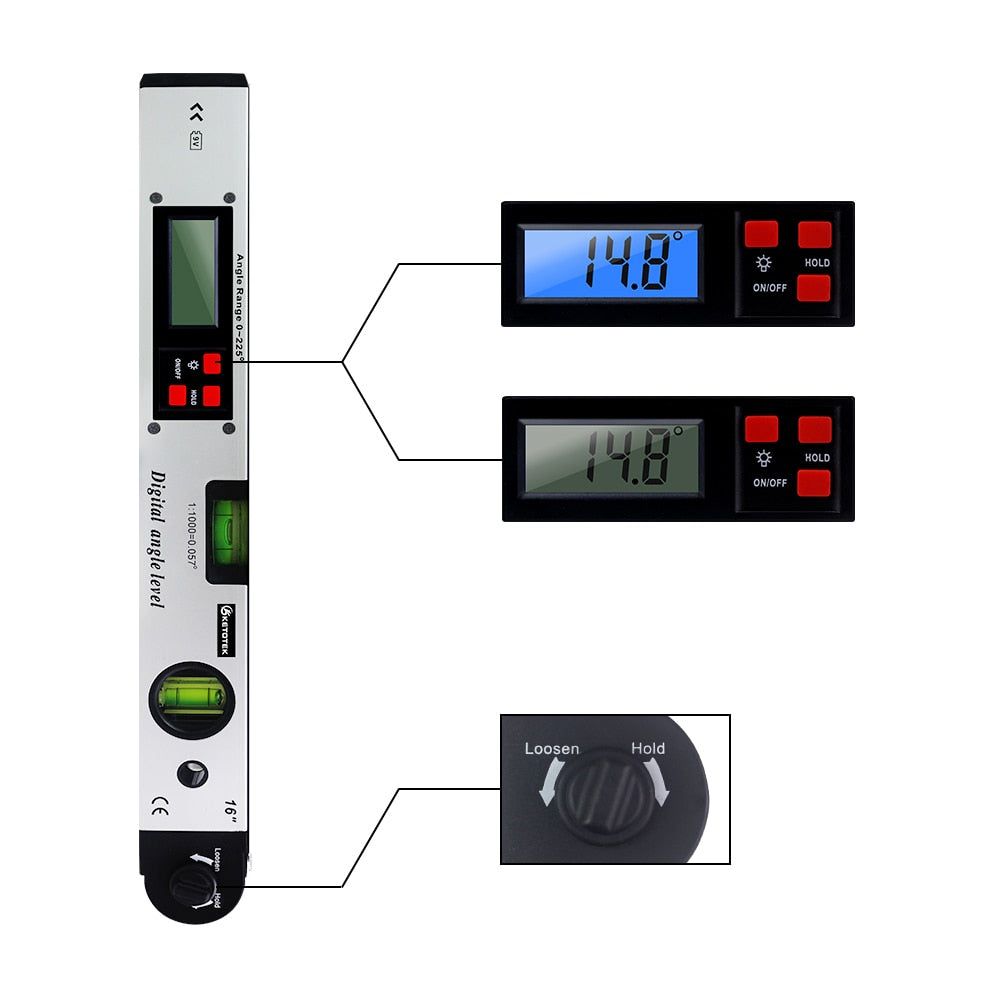 Digitaler Winkelmesser 400mm / 16 Zoll Digital，mit LCD-Wasserwaage Neigungsmesser Winkelmessgerät für vertikale horizontale Doppel-Wasserwaage