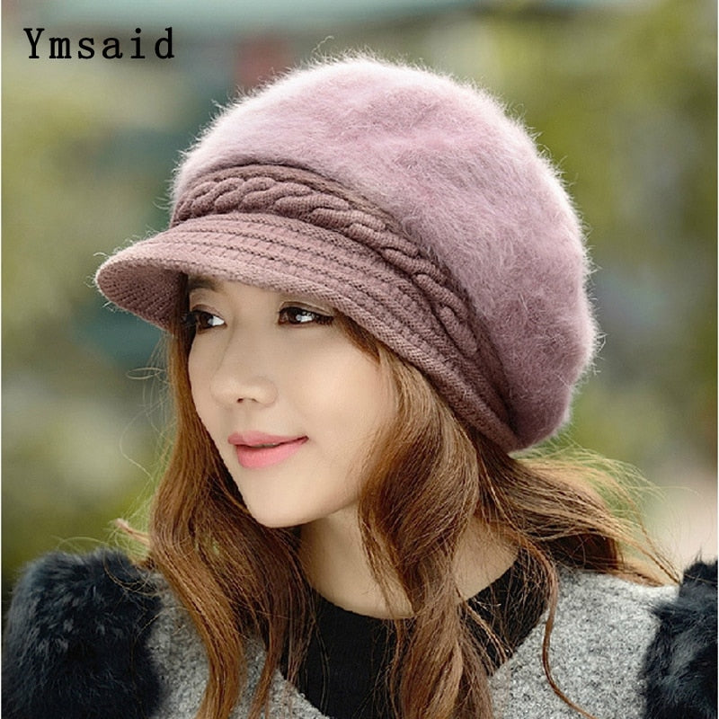 New Fashion Winter Damen Kaninchenfell-Baskenmütze, solide flache Kappe, warme Ohrenschützer, gestrickte Wollmütze