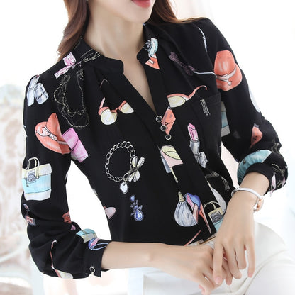 Neue Mode Plus Größe Frauen Tops Shirt Weiß Druck Dünne Weibliche Kleidung Langarm, Chiffon Bluse Frauen