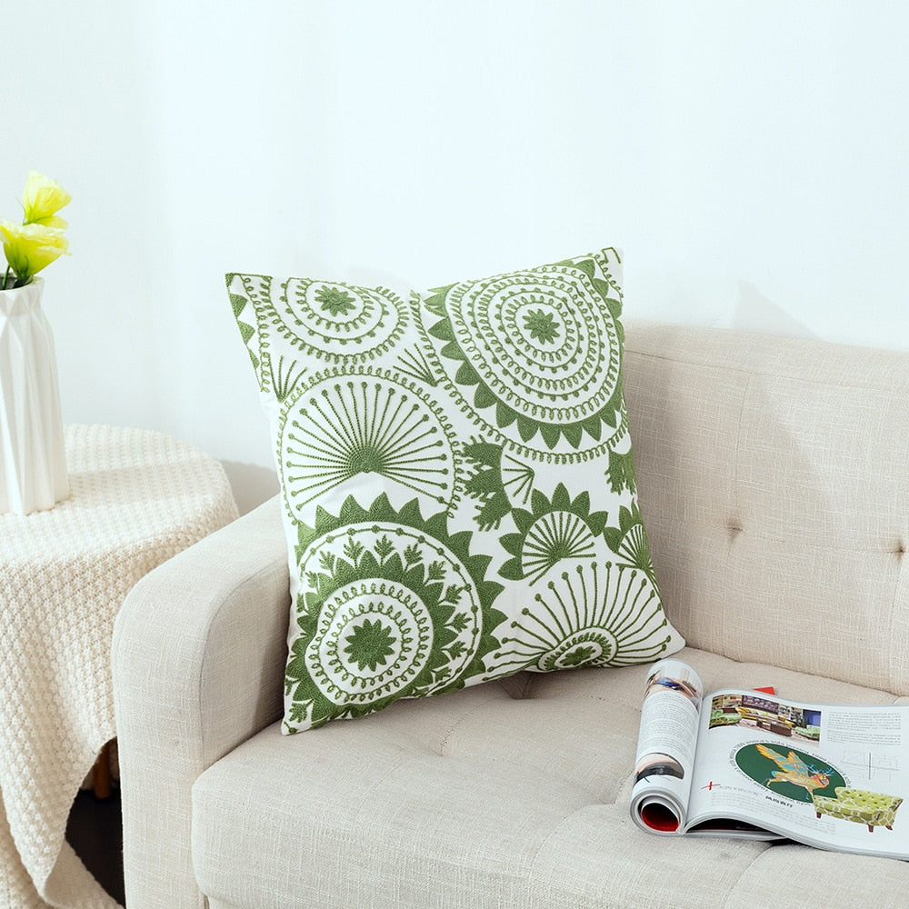 Kissenbezug mit niedlicher floraler geometrischer Stickerei, grün-gelber Kissenbezug für Sofa, Bett, schlichtes Zuhause, 45 x 45 cm