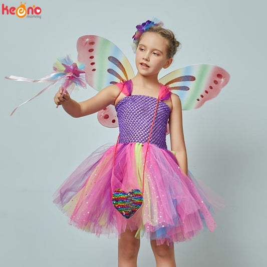 Mädchen Schmetterling Fee Kostüm Tutu Kleid, Flügel Kostüm Kinder Prinzessin Geburtstagsfeier Halloween Cosplay Kinder Frühling Tüllkleid