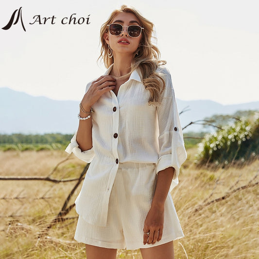 Sommer Strand Freizeit Taste, Damen Baumwollen Anzug aus Leinen, Zwei-stück Langarm-shirt Shorts Outfits