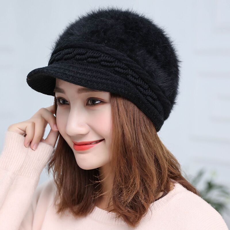 New Fashion Winter Damen Kaninchenfell-Baskenmütze, solide flache Kappe, warme Ohrenschützer, gestrickte Wollmütze