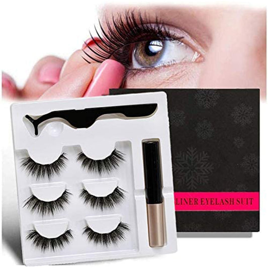 3 Paar 3D-magnetische Wimpern und flüssiger Eyeliner-Kit, natürlicher Look