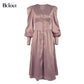 Bclout Elegant Satin Single-Breasted Shirt Dress Fashion Beige Slim V Neck Long Dresses Woman Latern Sleeve Autumn Winter Robe