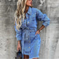 Damen Langarm Kleid  Casual Denim mit einer Tasche,  Mode Vintage Gürtel Kleid