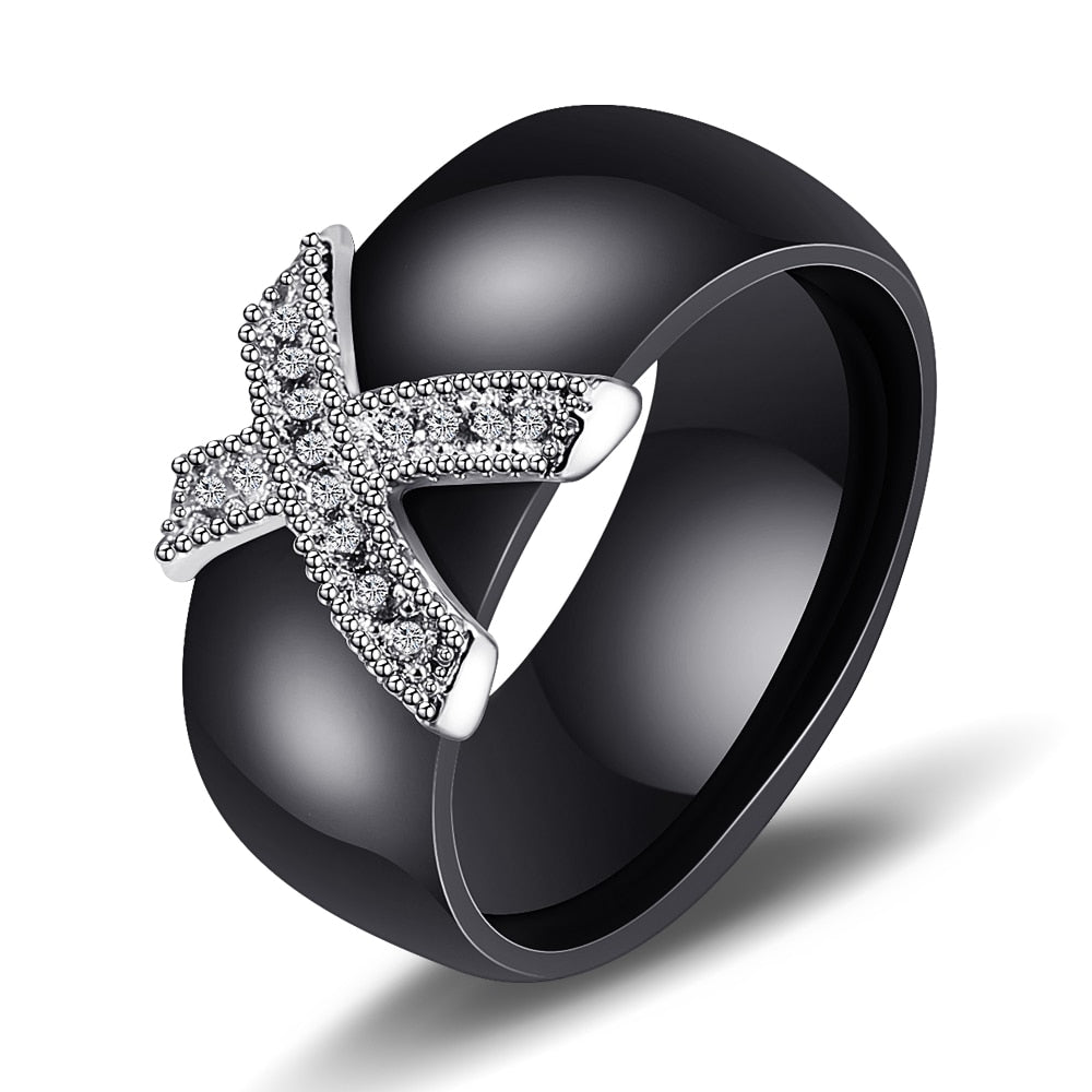 6mm Weiß Schwarz Keramik Ringe Plus Cubic Zirkonia für Frauen, Gold Farbe Edelstahl, Frauen Hochzeit Ring Verlobungsschmuck