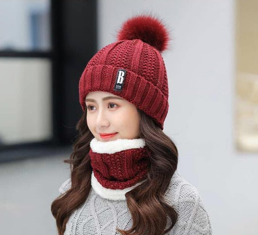 Winter Outdoor Winddicht Wollstrickmütze  für Frauen, Winddichte Bommelmütze mit Schlauchschal