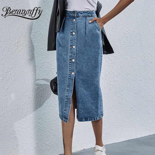 Einreihiger Knielanger Jeansrock für Damen