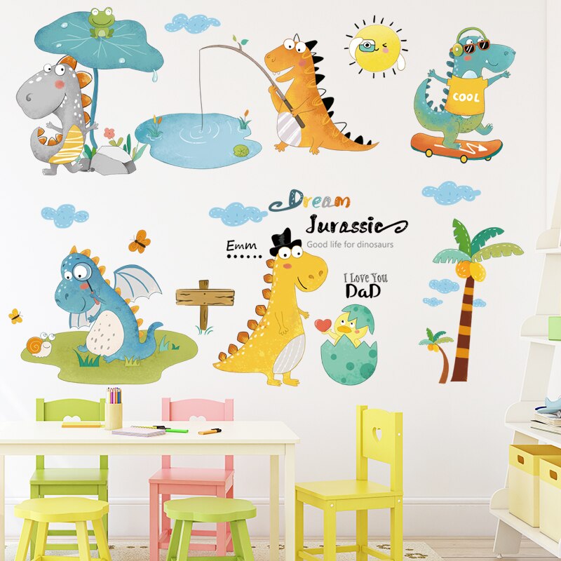 Cartoon-Dinosaurier-Wandaufkleber für Kinderzimmer, Babyzimmer, Wanddekoration, Ceative Vinyl-Raumaufkleber, umweltfreundlicher Heimdekorationsaufkleber