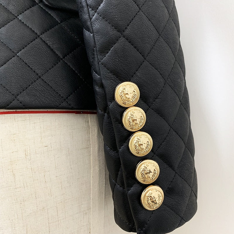 TOP QUALITÄT 2023 Damen Designerjacke Zweireihiger Löwe Knöpfe Gitter, Nähen Kunstleder Blazerst