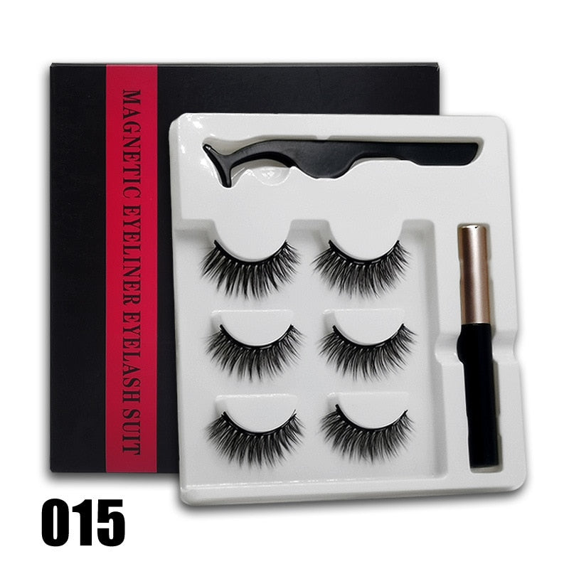 3 Paar 3D-magnetische Wimpern und flüssiger Eyeliner-Kit, natürlicher Look