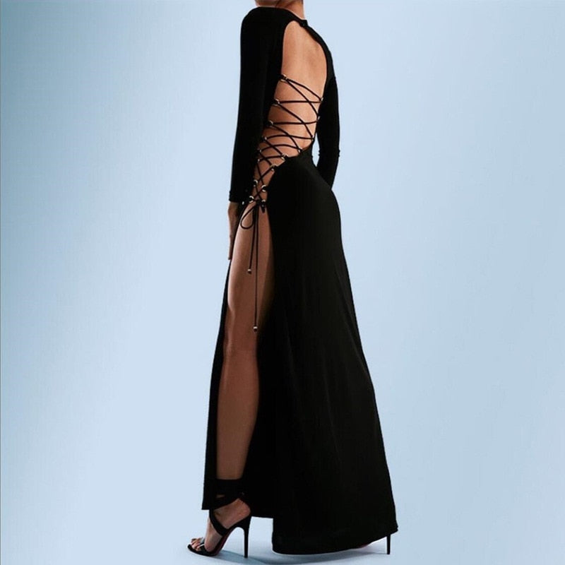 Herbst neue Damenmode Rundhals Langarm sexy hohles offenes Rücken-Split-Kleid