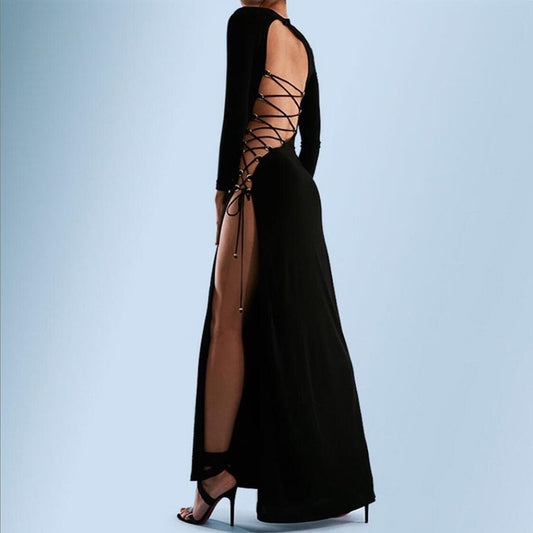 Herbst neue Damenmode Rundhals Langarm sexy hohles offenes Rücken-Split-Kleid