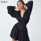 Elegantes Loses Minikleid Mode in Schwarzem Chiffon Druck