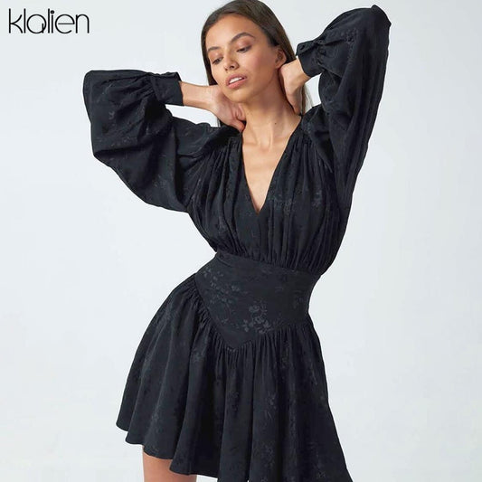 Elegantes Loses Minikleid Mode in Schwarzem Chiffon Druck