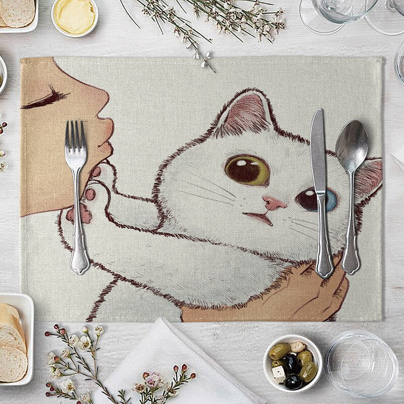Abwaschbare Katzen Tischsets, Süße Katze Cartoon als Tiermuster