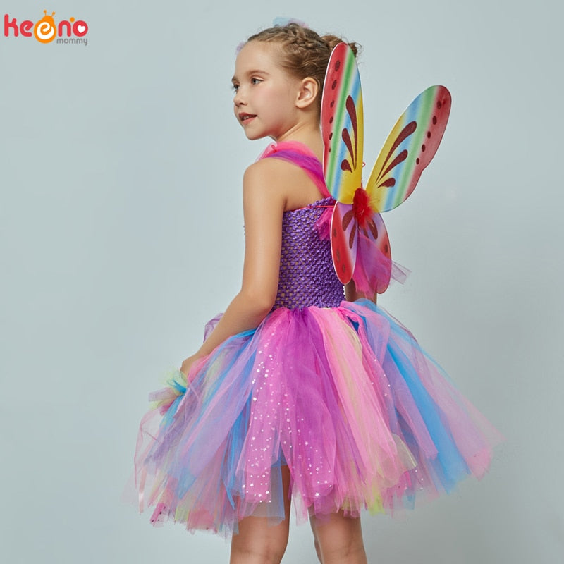 Mädchen Schmetterling Fee Kostüm Tutu Kleid, Flügel Kostüm Kinder Prinzessin Geburtstagsfeier Halloween Cosplay Kinder Frühling Tüllkleid
