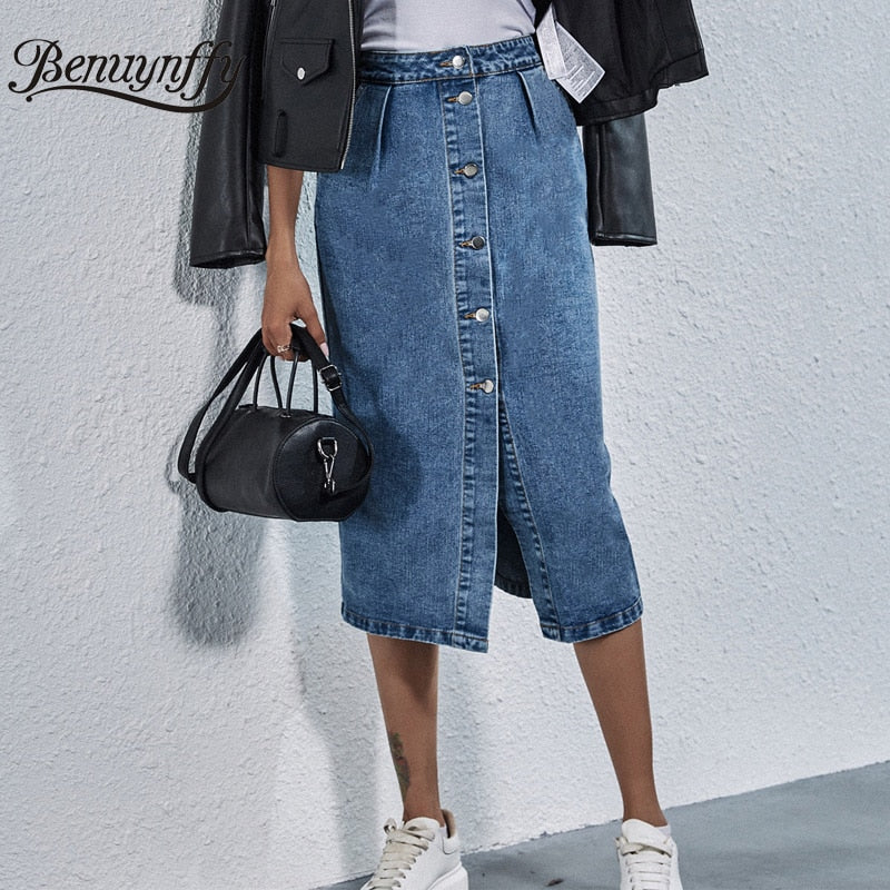 Einreihiger Knielanger Jeansrock für Damen