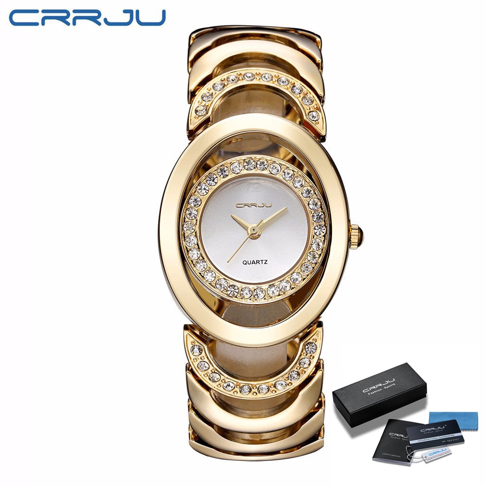 CRRJU Marke neue Mode Damen Armbanduhren, Luxus Gold Quarz Armbanduhren für Frauen