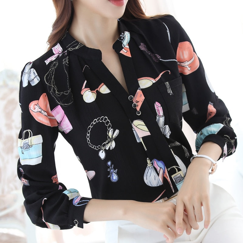 Neue Mode Plus Größe Frauen Tops Shirt Weiß Druck Dünne Weibliche Kleidung Langarm, Chiffon Bluse Frauen