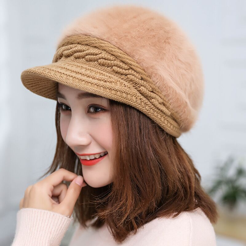 New Fashion Winter Damen Kaninchenfell-Baskenmütze, solide flache Kappe, warme Ohrenschützer, gestrickte Wollmütze