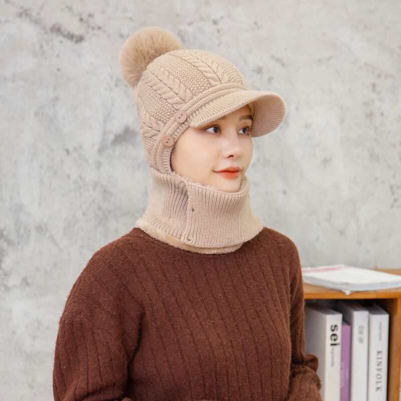 Warmer Hals Strickmütze Pelz Pompoms, Maske Wintermütze für Damen, Wolle Strickmütze