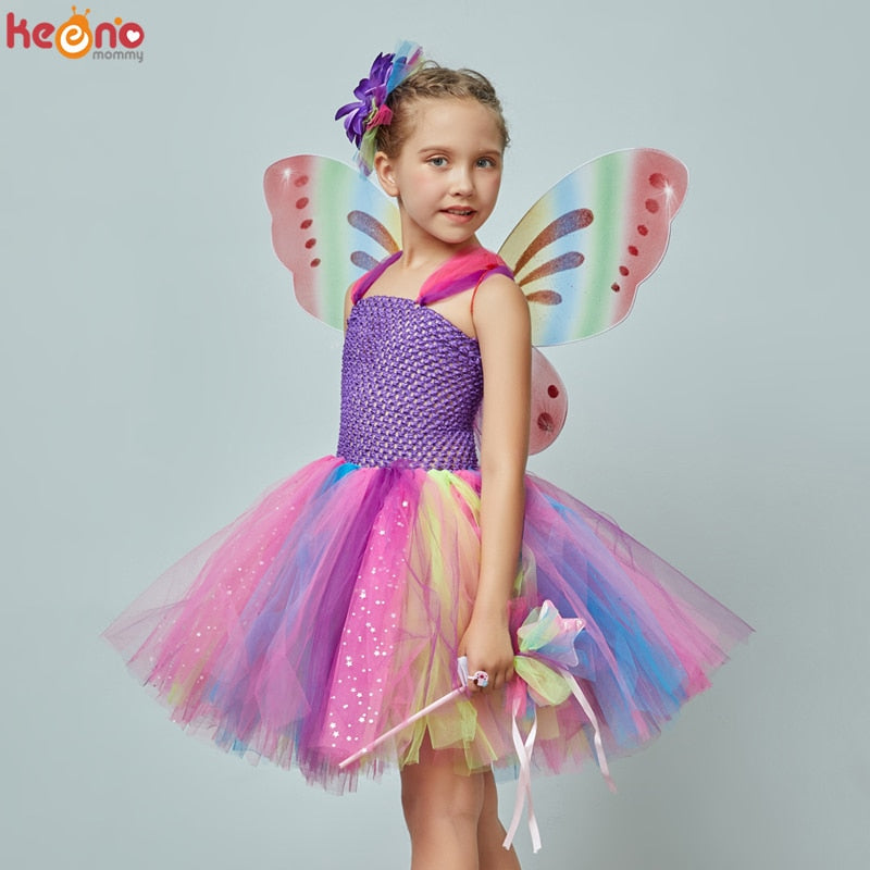 Mädchen Schmetterling Fee Kostüm Tutu Kleid, Flügel Kostüm Kinder Prinzessin Geburtstagsfeier Halloween Cosplay Kinder Frühling Tüllkleid
