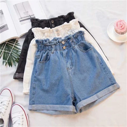 Elastische Hohe Taille Shorts Oversize für Damen, Kurze Jeans lose Breite Bein