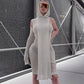 Enge gerippte Kapuze Streetwear-Baddie-Kleidung, Asymmetrische Midi-Kleider