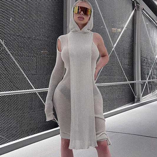 Enge gerippte Kapuze Streetwear-Baddie-Kleidung, Asymmetrische Midi-Kleider