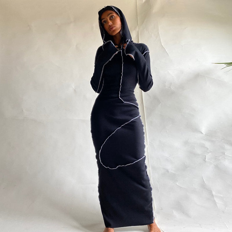 Langärmeliges Patchwork-Skinny-Maxikleid mit Kapuze, Herbst Winter Damenmode Streetwear Casual Outfits
