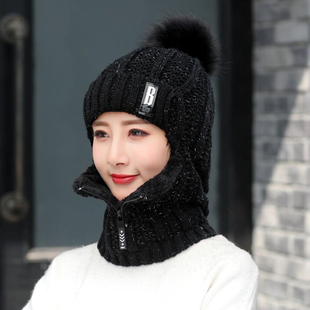Winter Outdoor Winddicht Wollstrickmütze  für Frauen, Winddichte Bommelmütze mit Schlauchschal