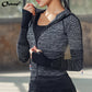 Reißverschluss Fitness Kleidung mit Hut, lange nahtlose Yoga Shirt