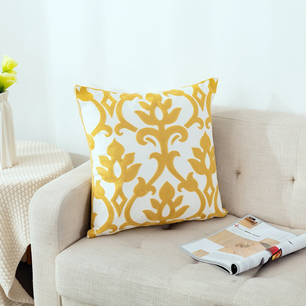 Kissenbezug mit niedlicher floraler geometrischer Stickerei, grün-gelber Kissenbezug für Sofa, Bett, schlichtes Zuhause, 45 x 45 cm