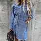 Damen Langarm Kleid  Casual Denim mit einer Tasche,  Mode Vintage Gürtel Kleid