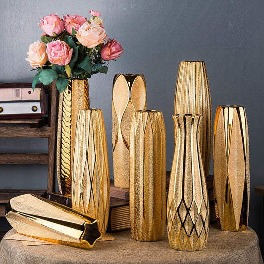 30CM Luxus Europa Gold Keramik Vase, Home Decor Kreatives Design Porzellan, Dekorative Blumenvase Für Hochzeitsdekoration