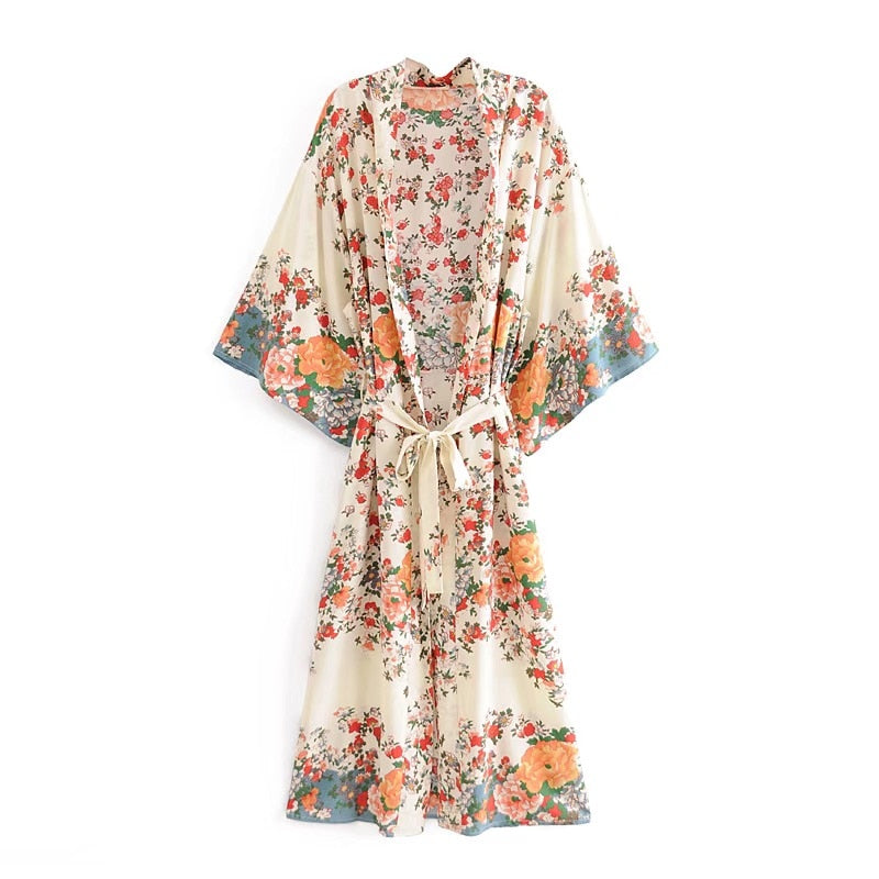 Langes Kimono Hemd mit Blumendruck