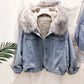 2022 Samt dicke Jeansjacke, weiblicher Winter großer Kunstpelzkragen