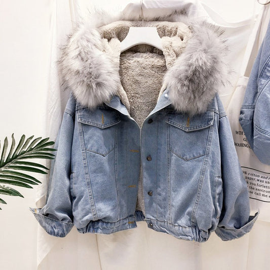 2022 Samt dicke Jeansjacke, weiblicher Winter großer Kunstpelzkragen