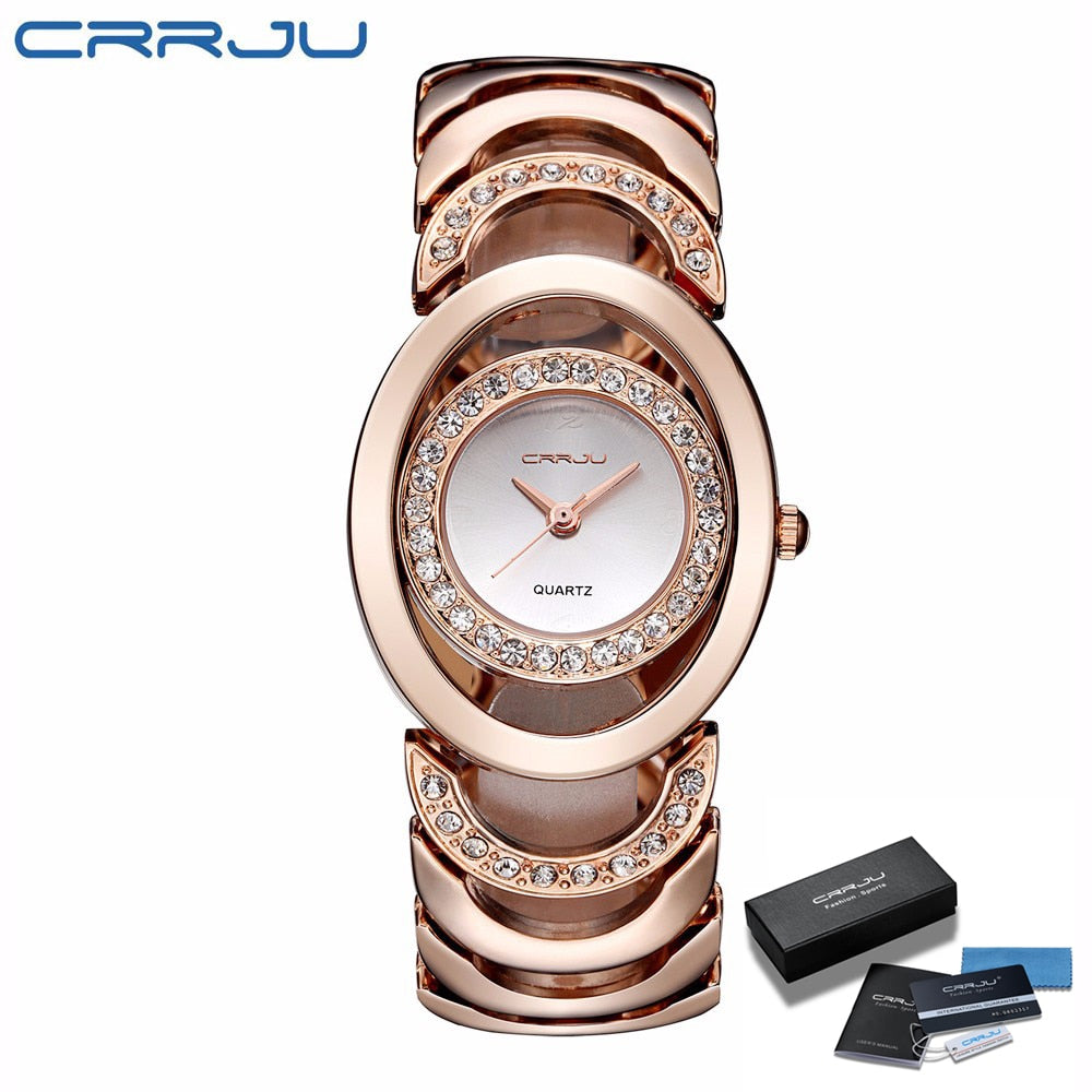 CRRJU Marke neue Mode Damen Armbanduhren, Luxus Gold Quarz Armbanduhren für Frauen