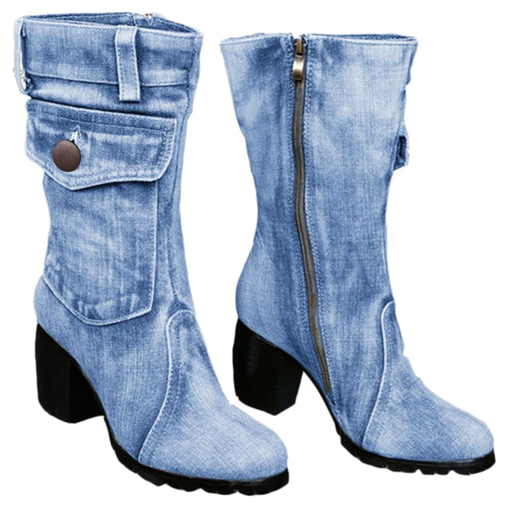 Blaue Jeansstiefel Damen Mid-Rise Rome Solid Slip-On Chunky Med Heels Boots Wild Vintage Large Size Damenschuhe