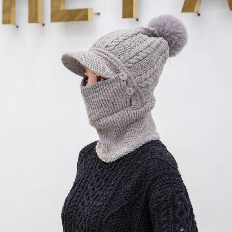 Warmer Hals Strickmütze Pelz Pompoms, Maske Wintermütze für Damen, Wolle Strickmütze